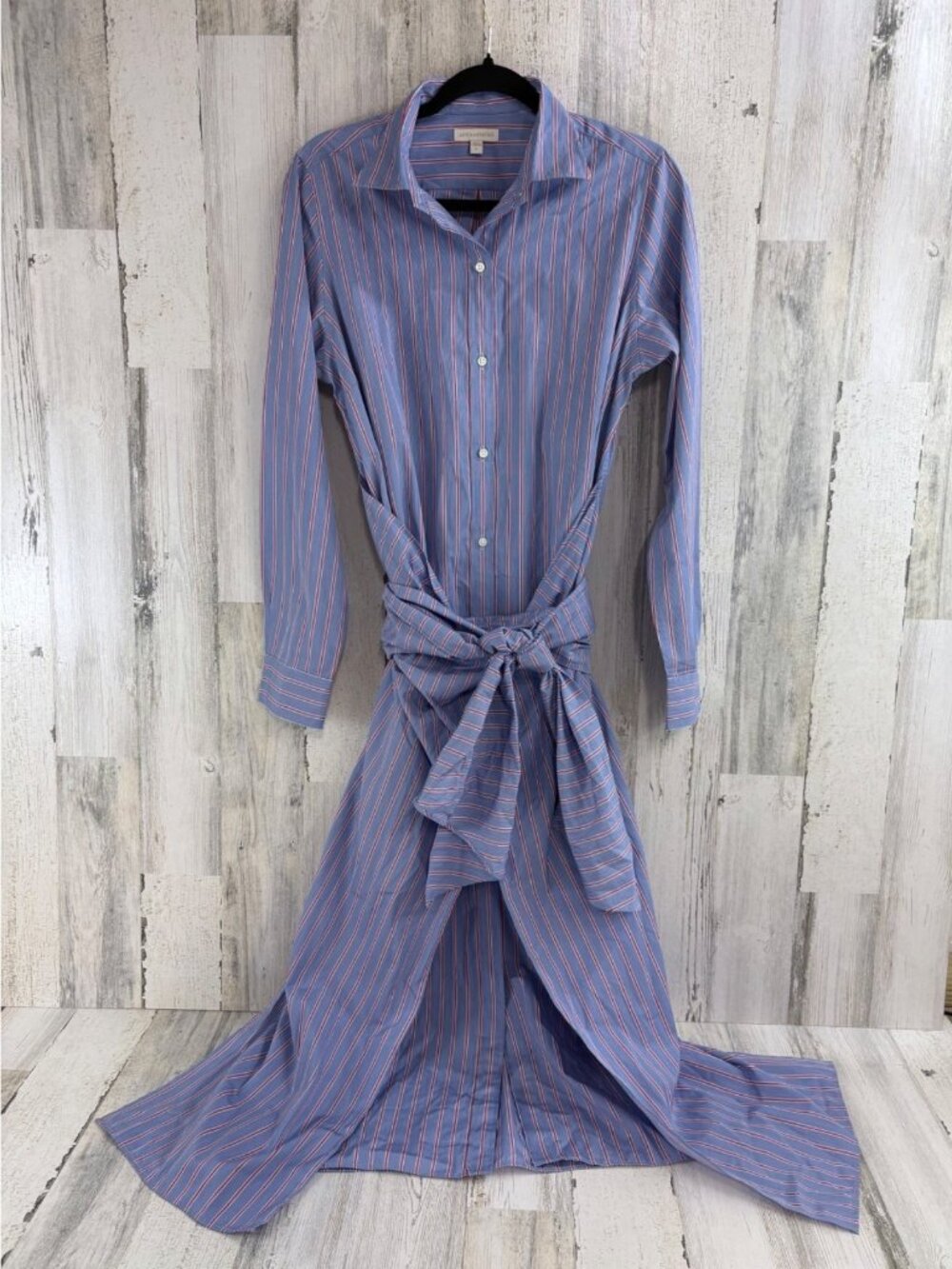 Ann Mashburn Sz L Maxi Tie Waist Shirt Dress Blue Red Stripe Poplin